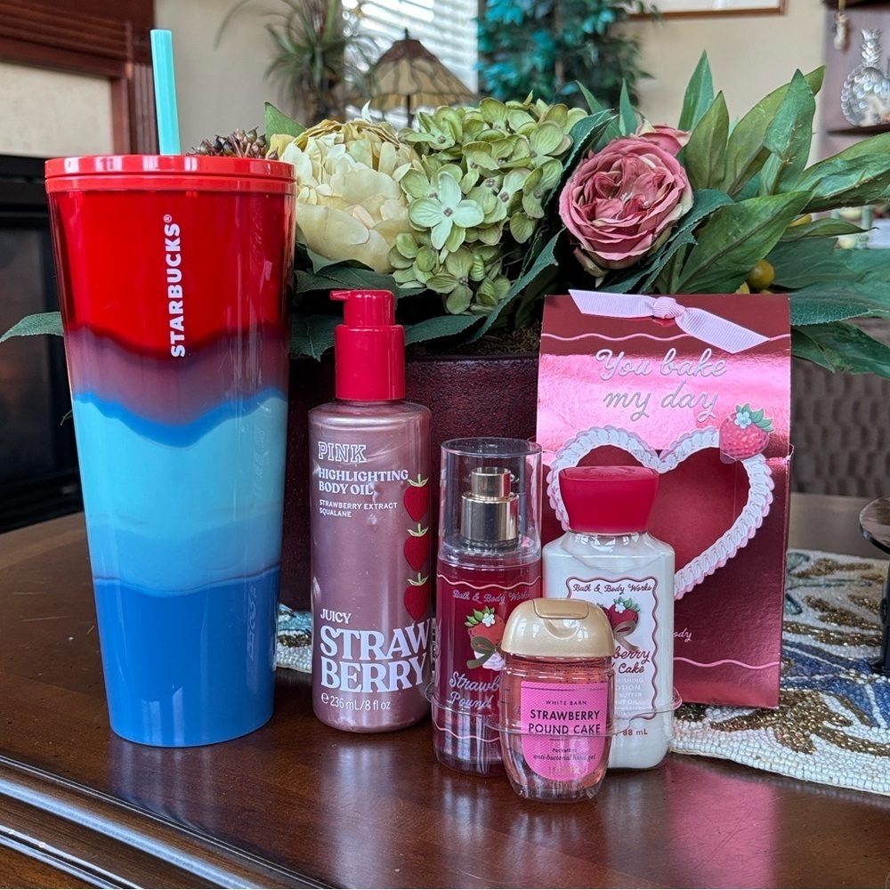 Brand New Starbucks Tumbler Cup Strawberry Bath & Body Works Set PINK Body Oil